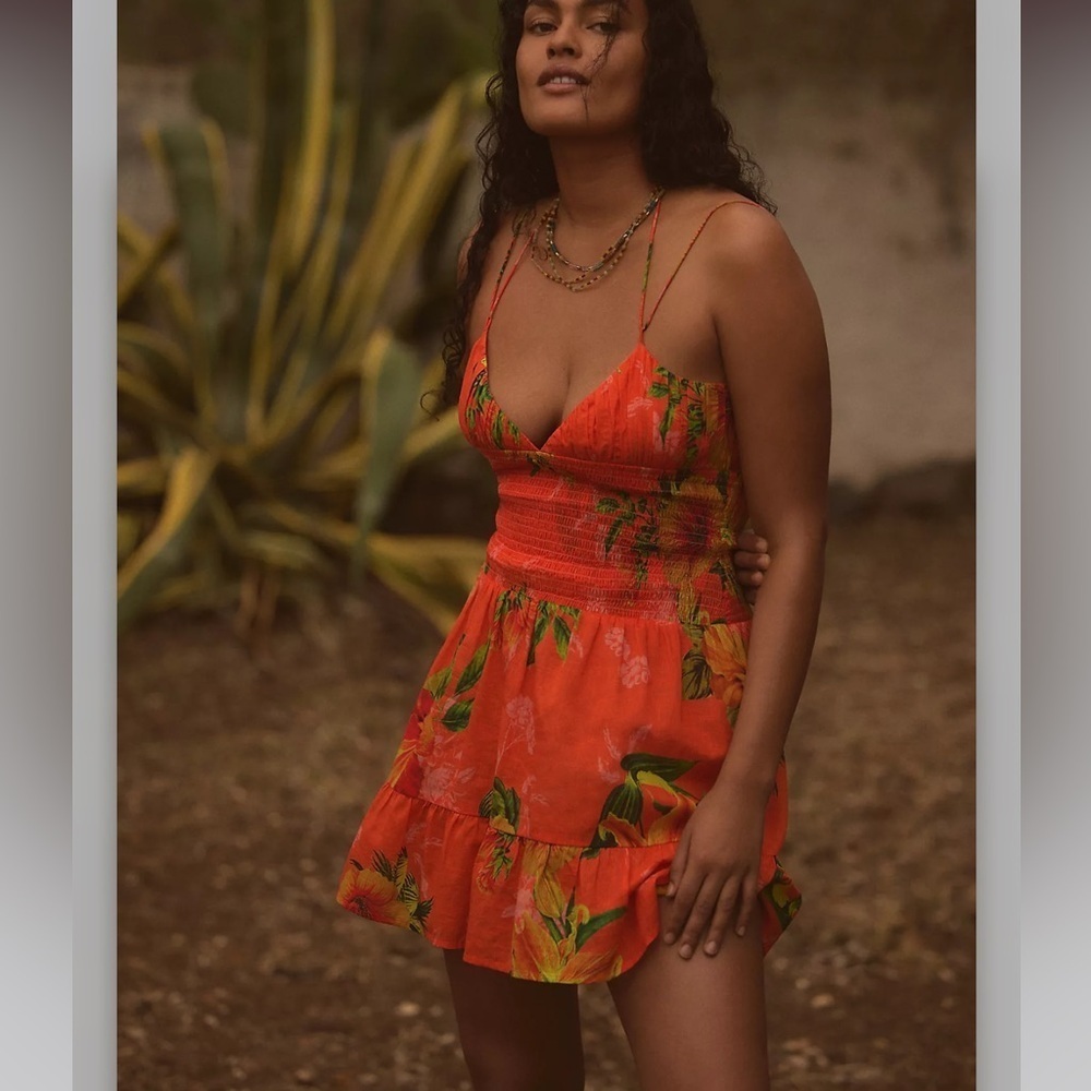 Anthropologie Mini Dress Women’s XS The Josephine Smocked Drop Waist Tropical EE
